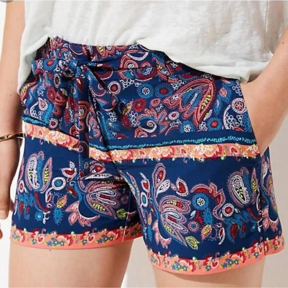 New ANN TAYLORT LOFT Blue Pink Orange Paisley Floral Belted Short Shorts Size 0